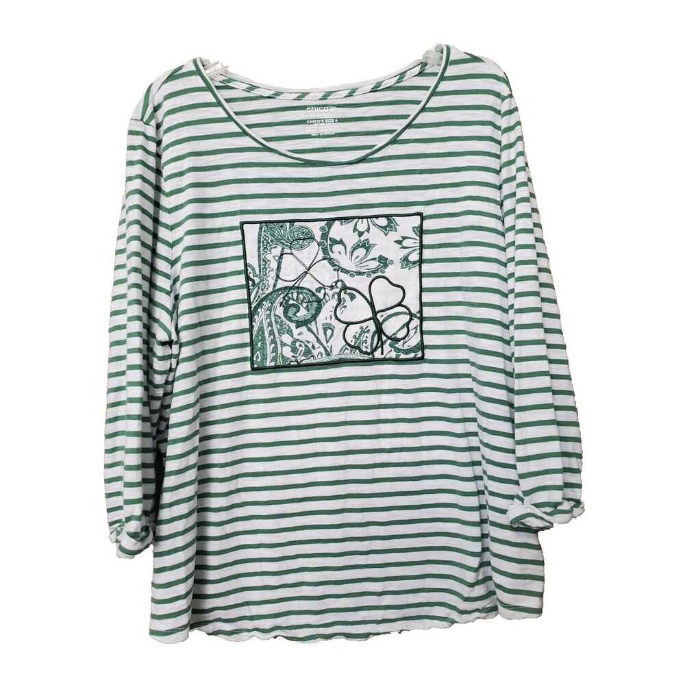 Chico's Cotton Striped Green Scoop Neck Irish Shamrock T-Shirt Sz 4 (XXL)